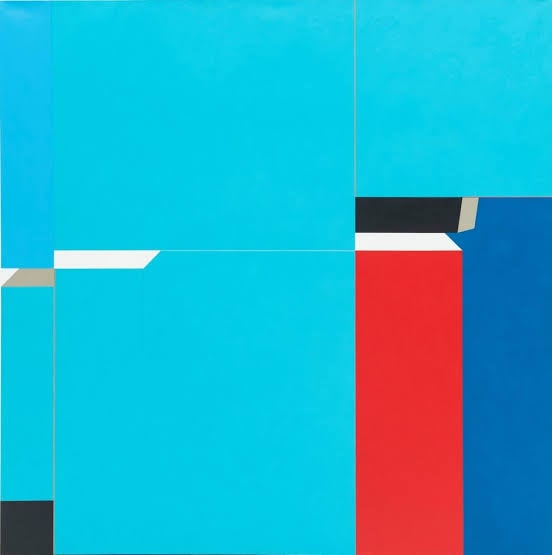 Composición geométrica cian, rojo y azul